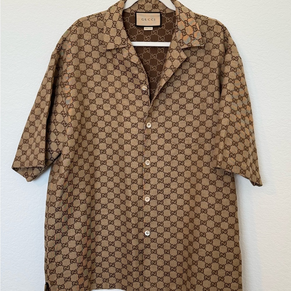 Mens GG LINEN BLEND CANVAS SHIRT Gucci Brown Casual Button Down Shirt